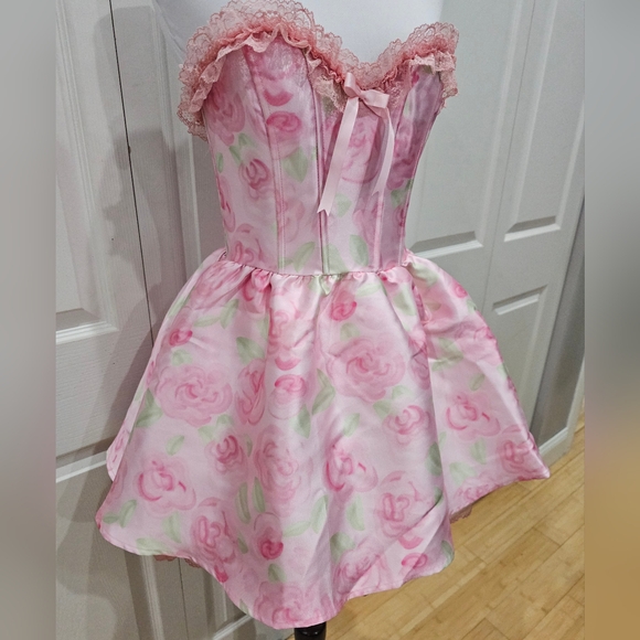 Dolls Kill Sugar Thrillz Forever Fancy Corset Pink Floral Rose Lace Mini Dress S - Picture 9 of 13